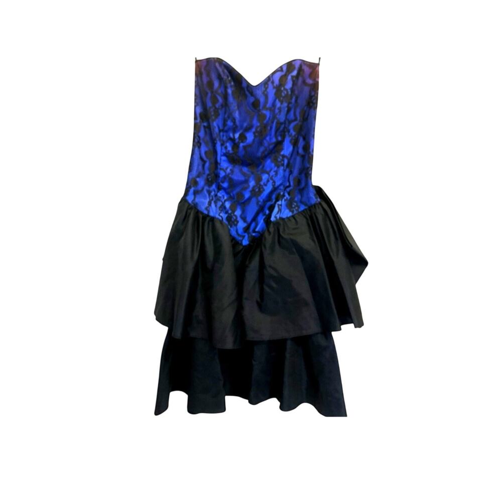 Lace Party Dress Royal Blue Black Drop Waist Strapless Bow Back Gunne Sax Size 5